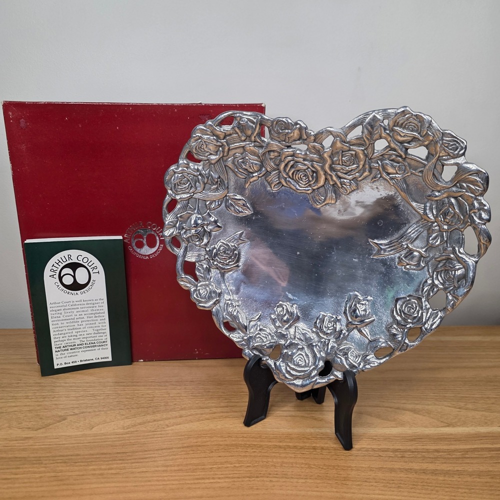 Vintage Arthur Court California Rose Heart Tray Silver 1993 Aluminum With Box